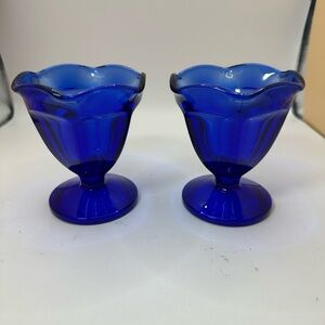 Pair of Vintage Anchor Hocking Blue Glass Dessert Compote Dish Cups